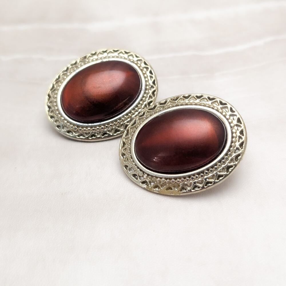 Vintage Clip On Earrings Very Large Gold Tone & Brown Oval Statement Glam - Picture 3 of 8